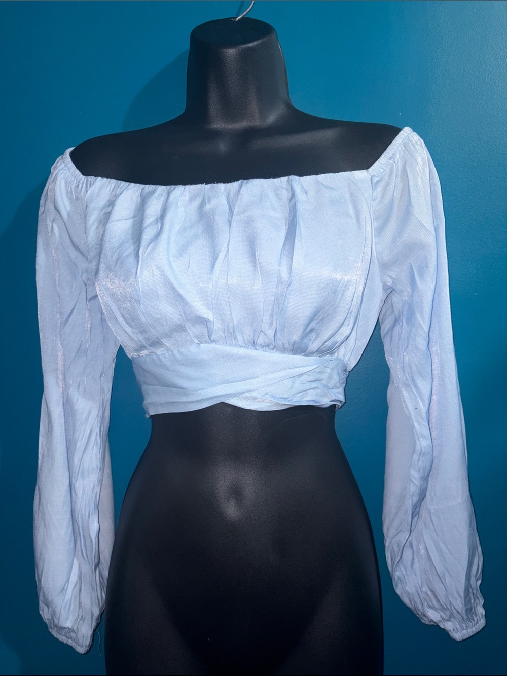 Light Blue Off-Shoulder Crop Top with tie back